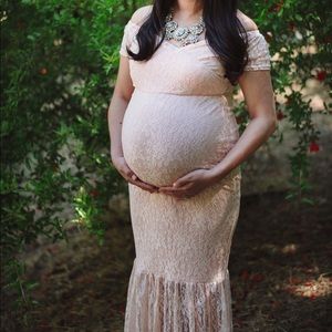 Pink lace maternity off-the-shoulder maxi dress